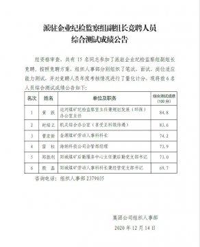 派驻企业纪检监察组副组长竞聘人员综合测试成绩公告